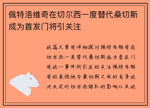 佩特洛维奇在切尔西一度替代桑切斯成为首发门将引关注 佩特洛维奇在切尔西一度替代桑切斯成为首发门将引关注